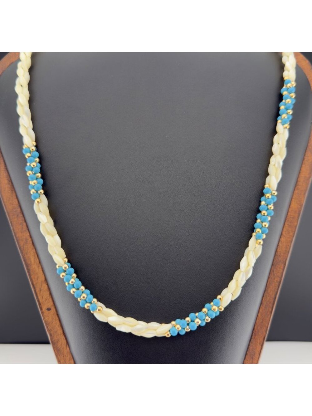 Vintage Triple Strand Mother Of Pearl Necklace Blue Gold Tone Beaded